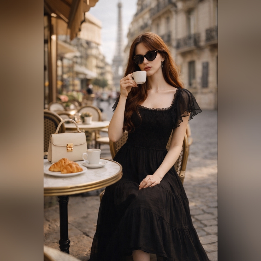 Black Smocked Midi Dress Flutter Sleeve Romantic Whimsigoth Max Studio NWT - Picture 2 of 16